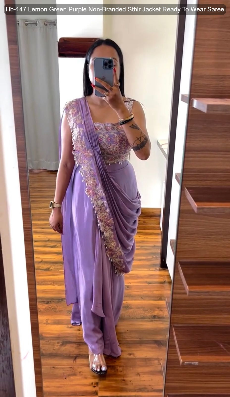 Hb-147 Lemon Green Purple Non-Branded Sthir Jacket Ready To Wear Saree
