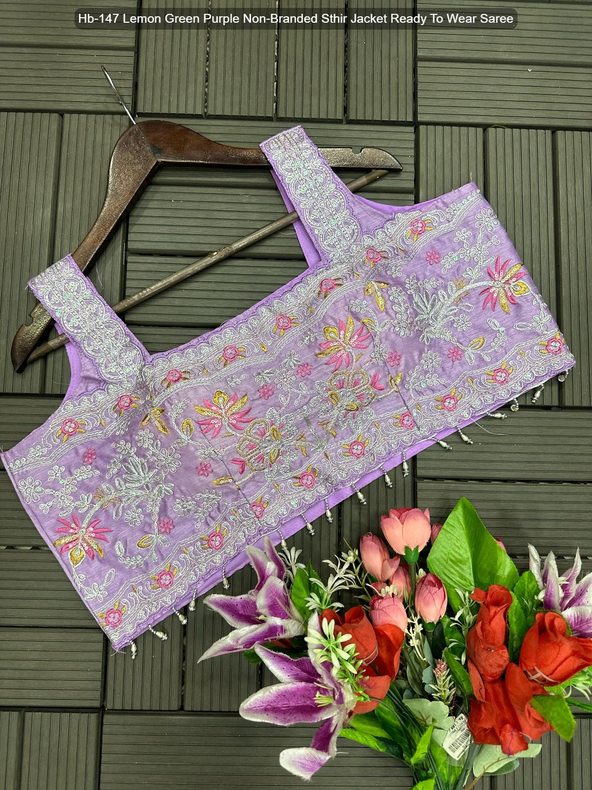 Hb-147 Lemon Green Purple Non-Branded Sthir Jacket Ready To Wear Saree