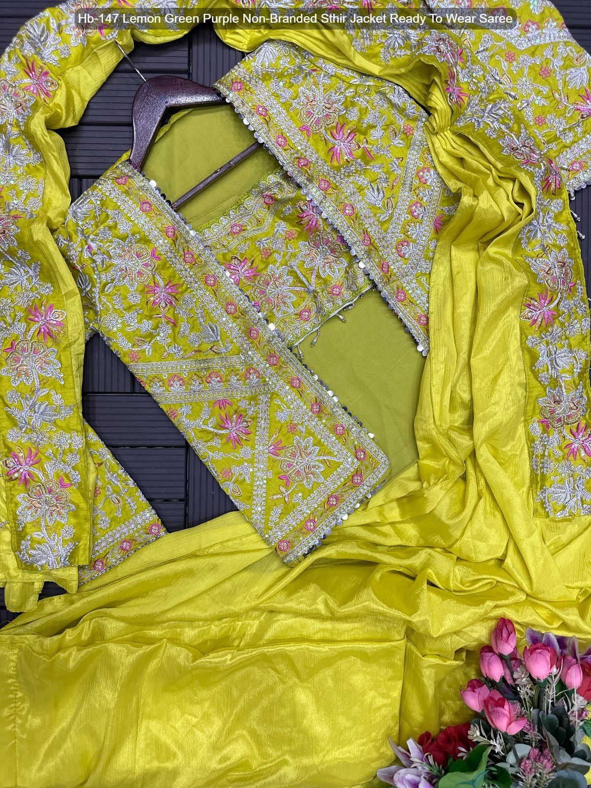 Hb-147 Lemon Green Purple Non-Branded Sthir Jacket Ready To Wear Saree