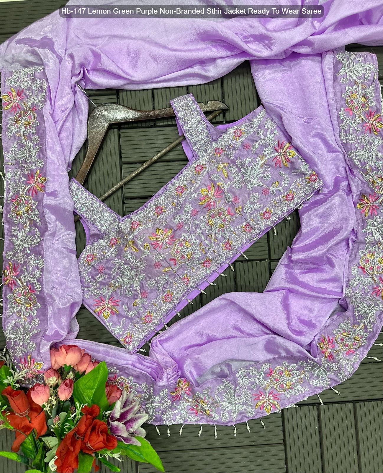 Hb-147 Lemon Green Purple Non-Branded Sthir Jacket Ready To Wear Saree