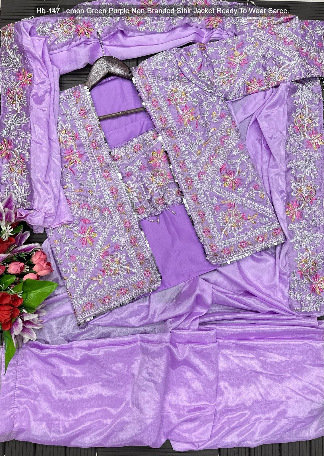 Hb-147 Lemon Green Purple Non-Branded Sthir Jacket Ready To Wear Saree