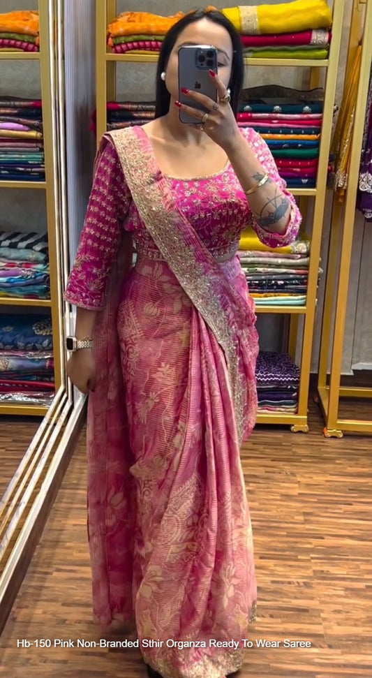 Hb-150 Pink Non-Branded Sthir Organza Ready To Wear Saree