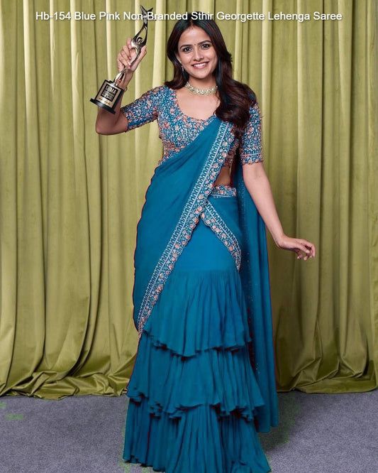 Hb-154 Blue Pink Non-Branded Sthir Georgette Lehenga Saree