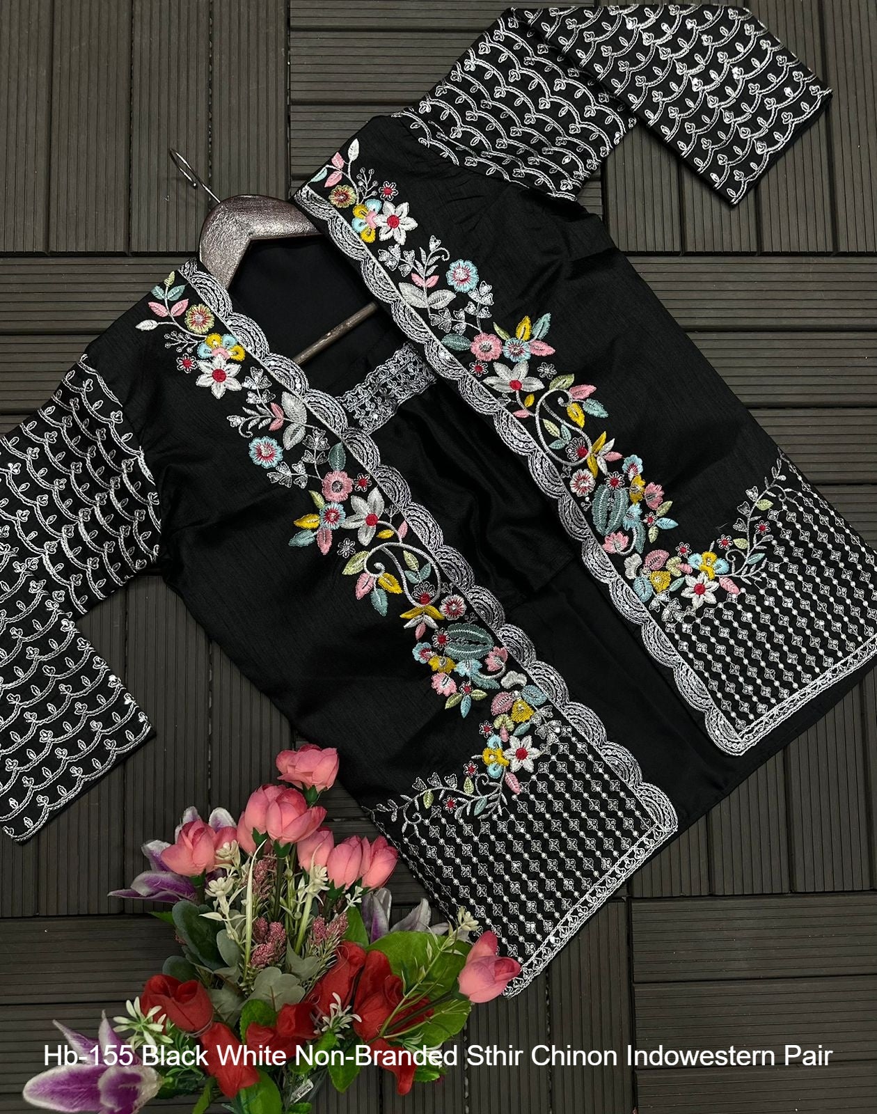 Hb-155 Black White Non-Branded Sthir Chinon Indowestern Pair