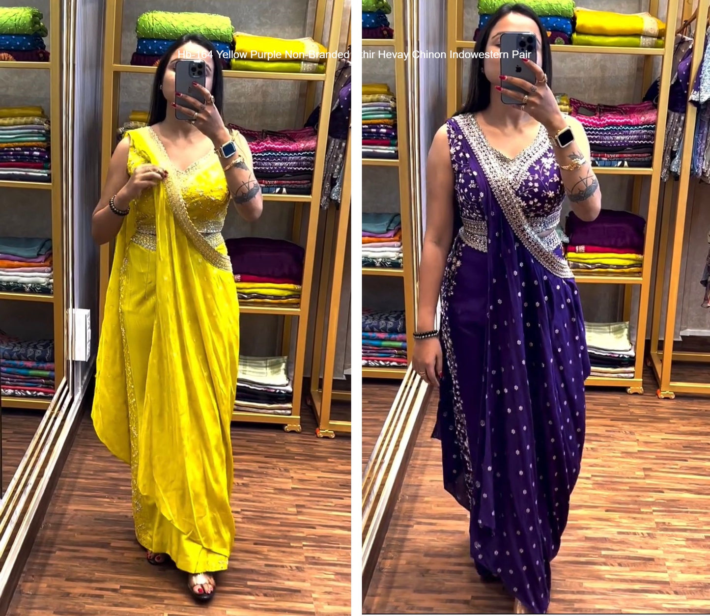 Hb-164 Yellow Purple Non-Branded Sthir Hevay Chinon Indowestern Pair