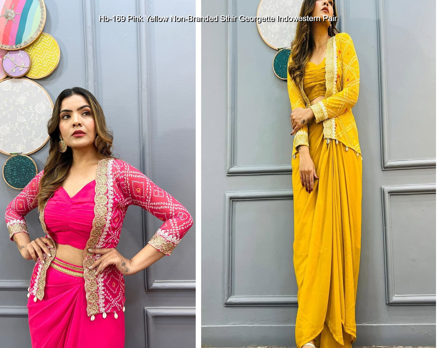 Hb-169 Pink Yellow Non-Branded Sthir Georgette Indowestern Pair