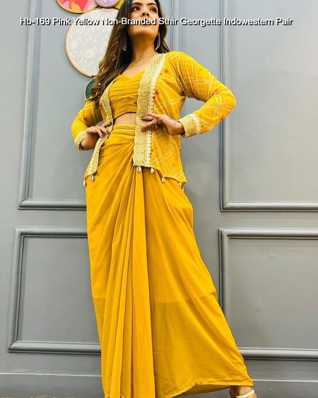 Hb-169 Pink Yellow Non-Branded Sthir Georgette Indowestern Pair