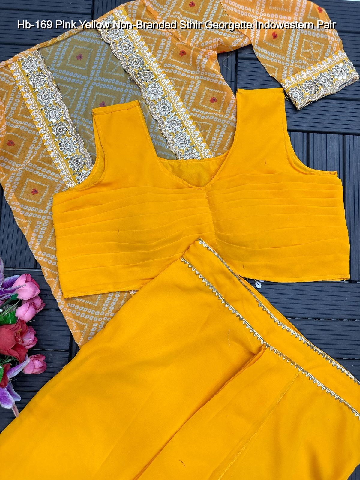Hb-169 Pink Yellow Non-Branded Sthir Georgette Indowestern Pair