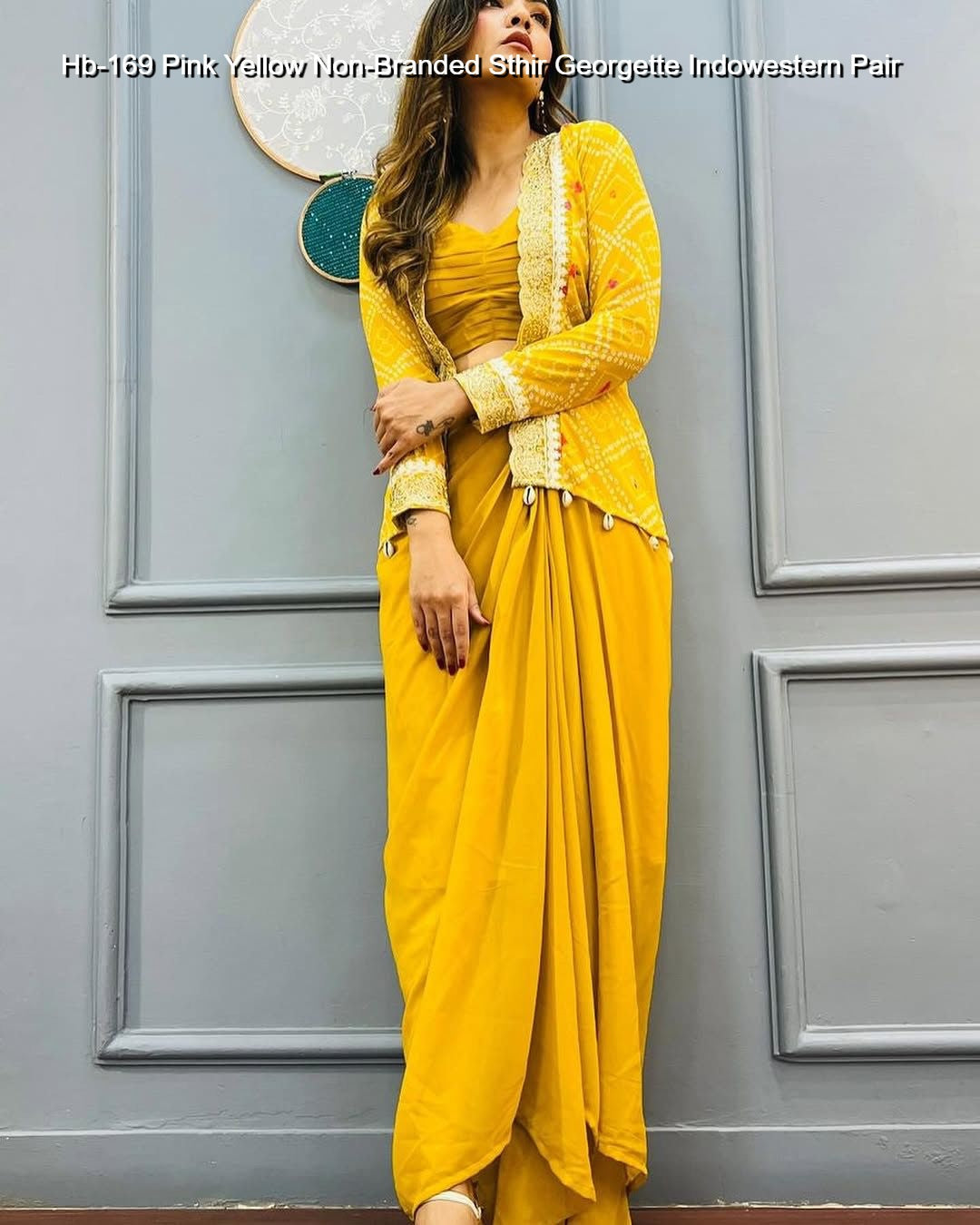 Hb-169 Pink Yellow Non-Branded Sthir Georgette Indowestern Pair