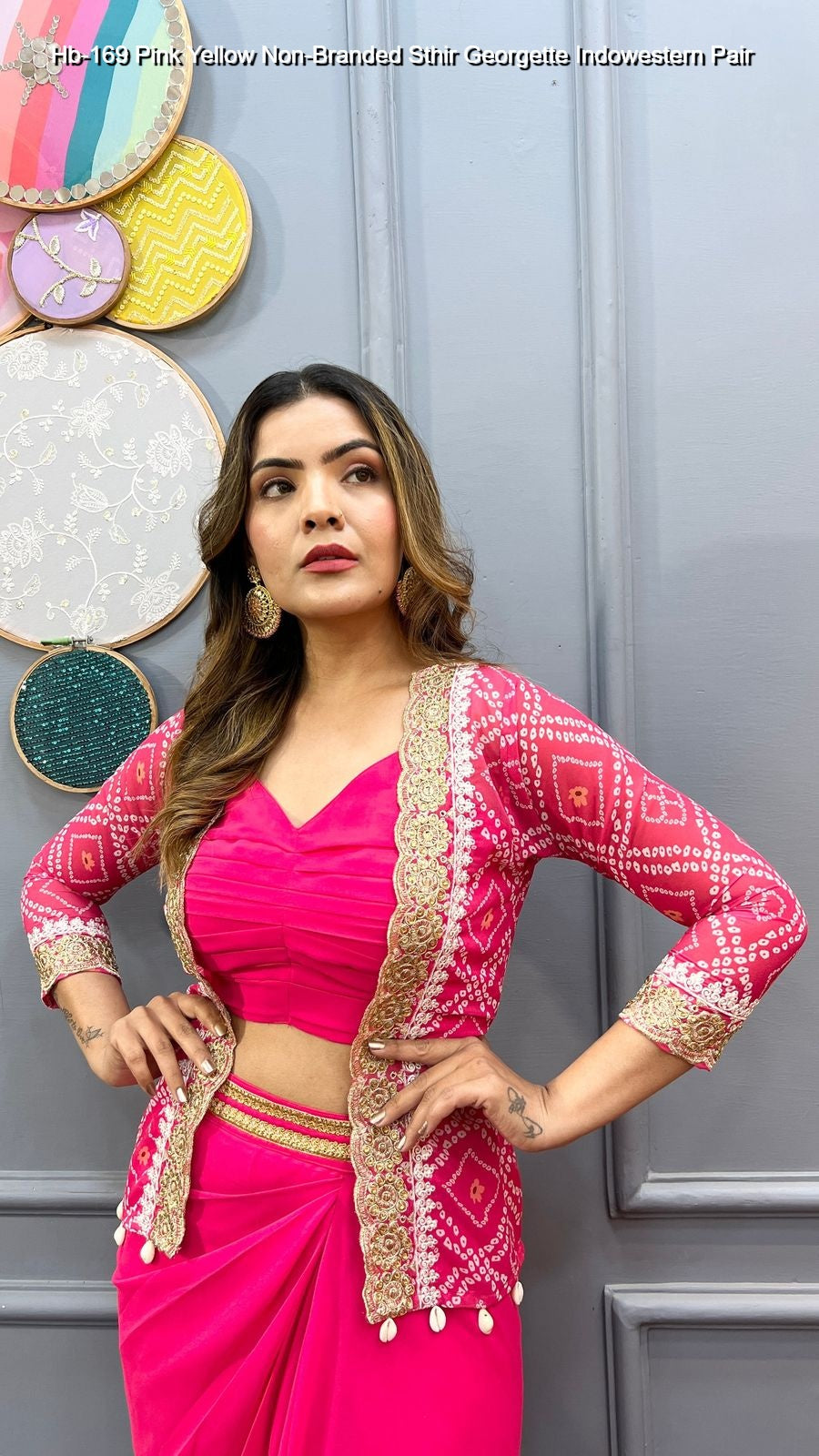 Hb-169 Pink Yellow Non-Branded Sthir Georgette Indowestern Pair