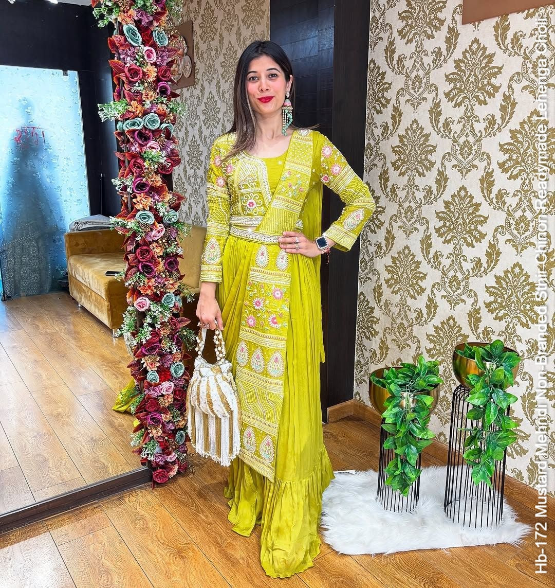 Hb-172 Mustard Mehndi Non-Branded Sthir Chinon Readymade Lehenga Choli