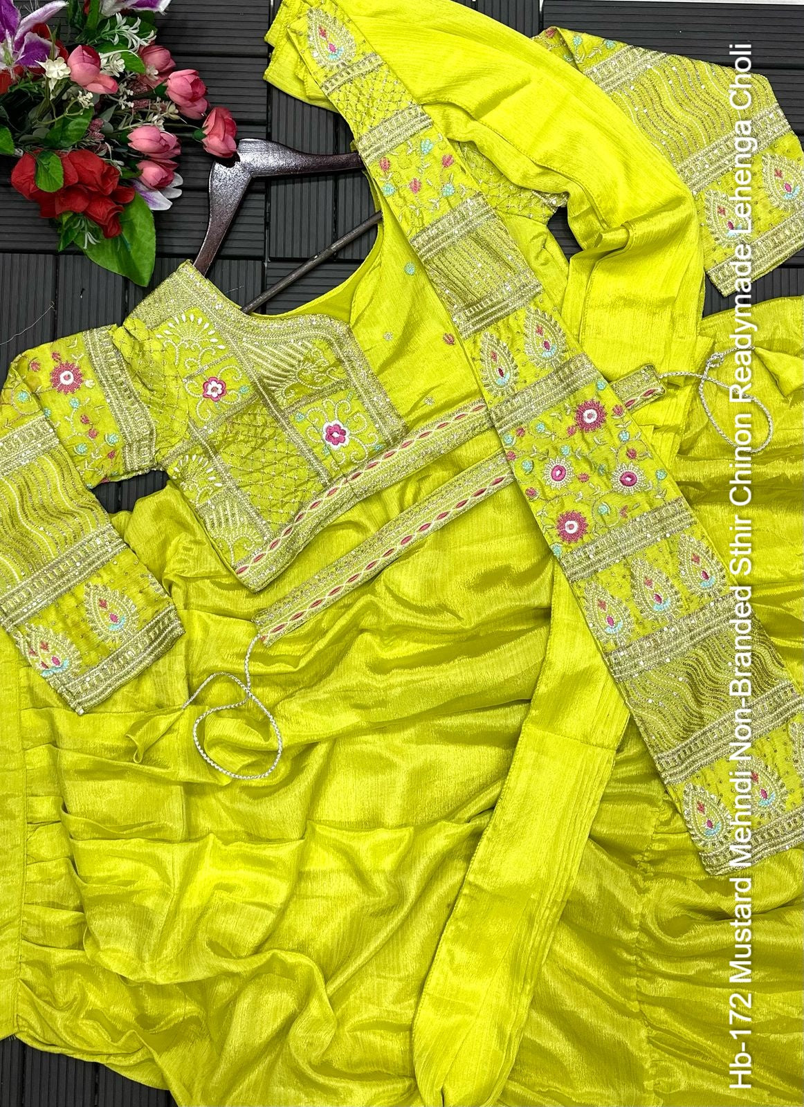 Hb-172 Mustard Mehndi Non-Branded Sthir Chinon Readymade Lehenga Choli
