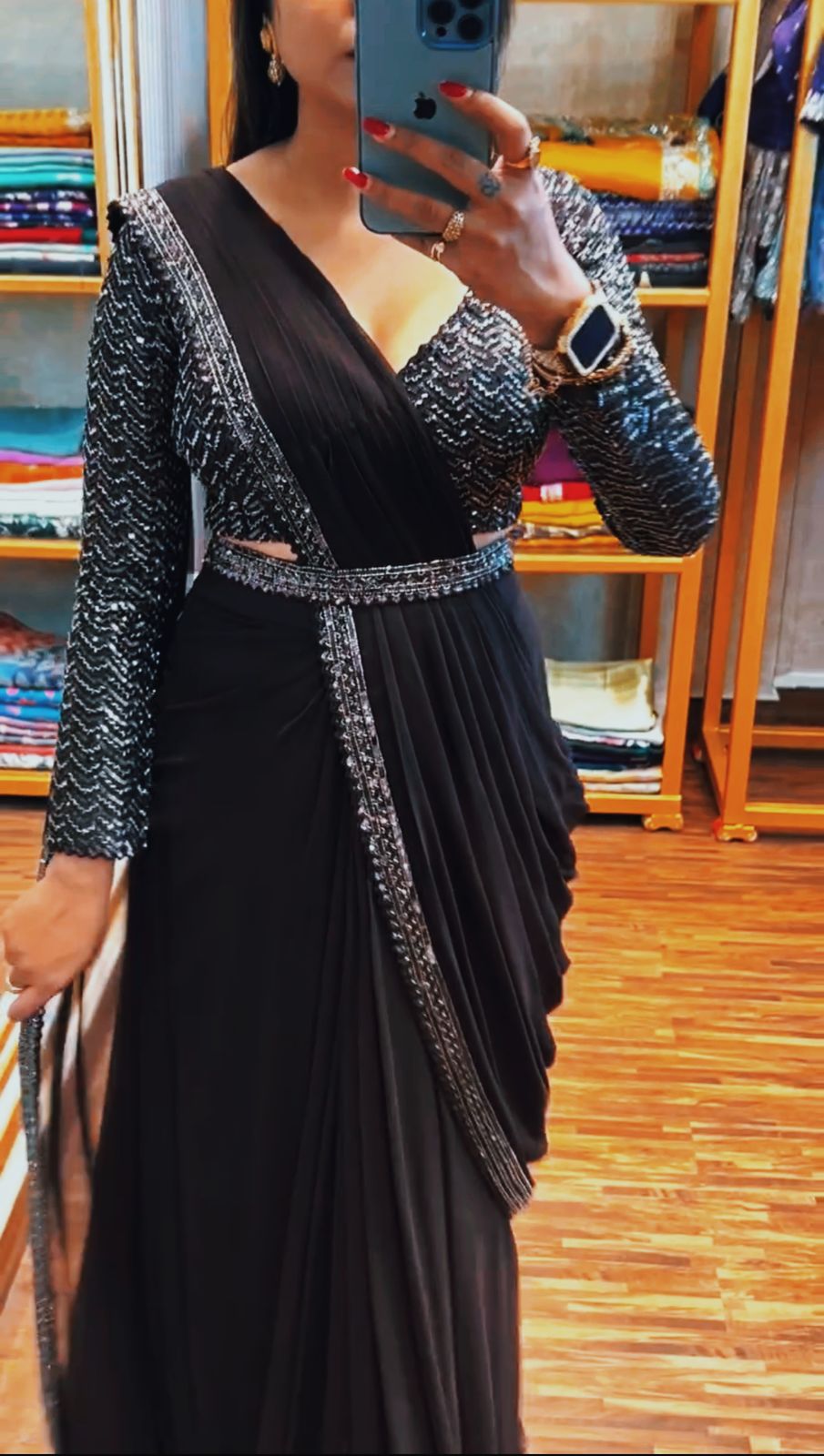 Hb-173 Black Non-Branded Sthir Heavy Chinon Sarees