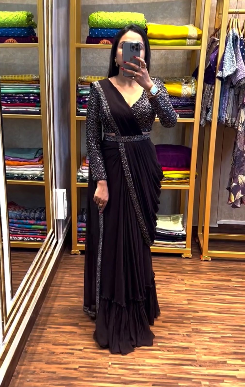 Hb-173 Black Non-Branded Sthir Heavy Chinon Sarees