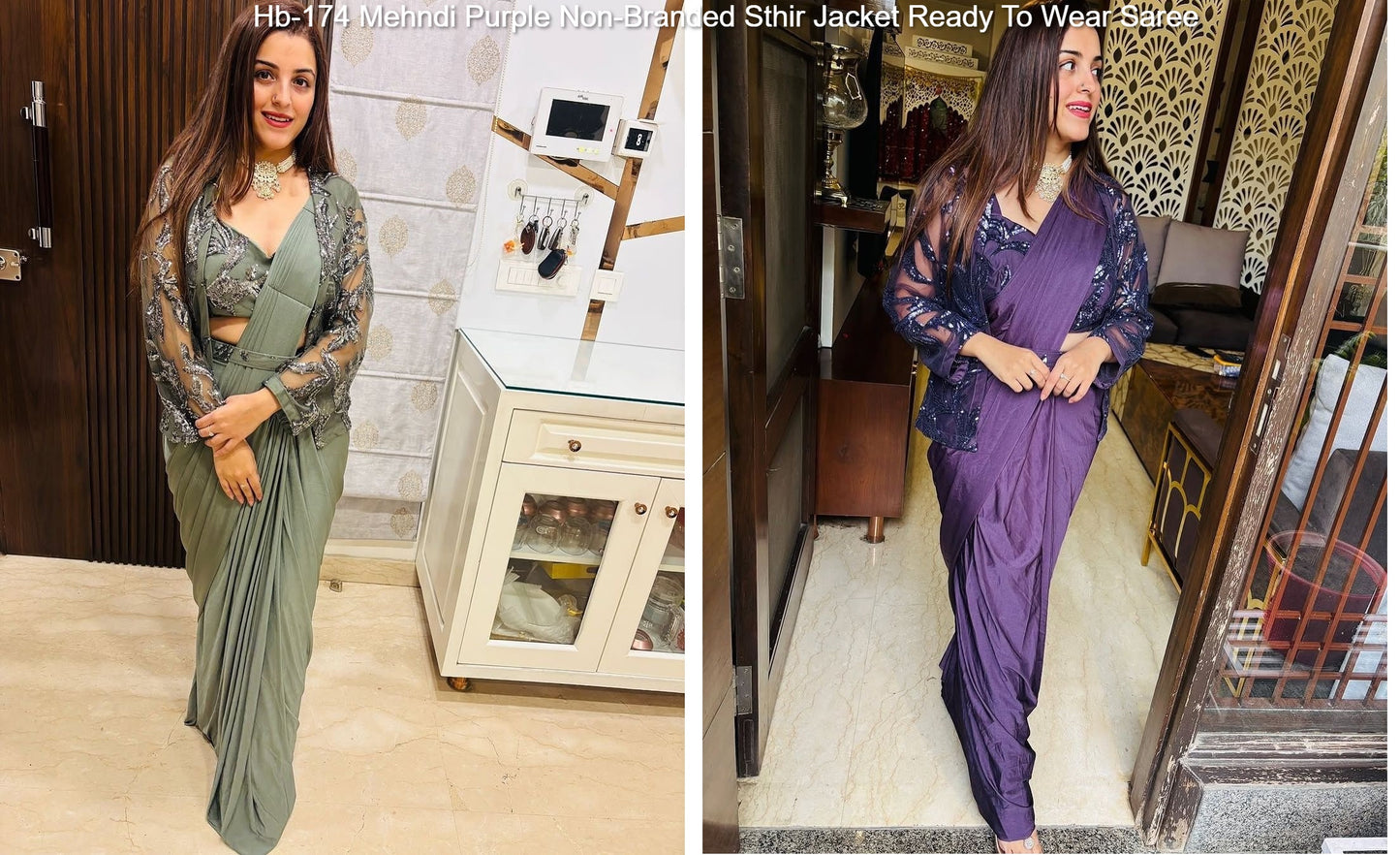 Hb-174 Mehndi Purple Non-Branded Sthir Jacket Ready To Wear Saree