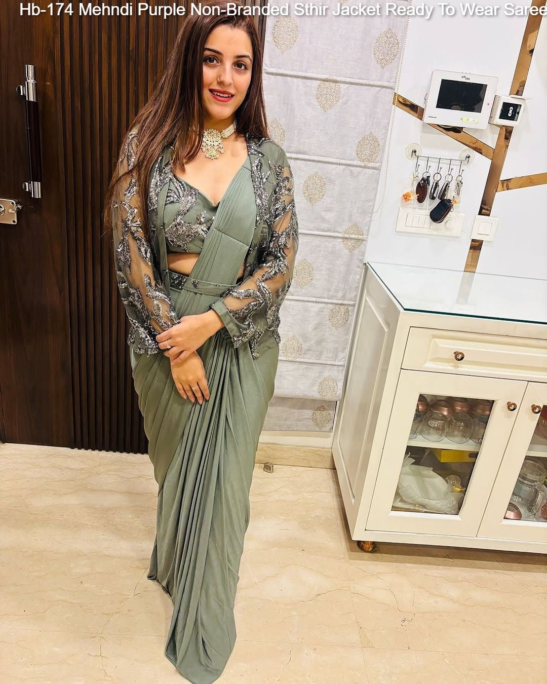 Hb-174 Mehndi Purple Non-Branded Sthir Jacket Ready To Wear Saree