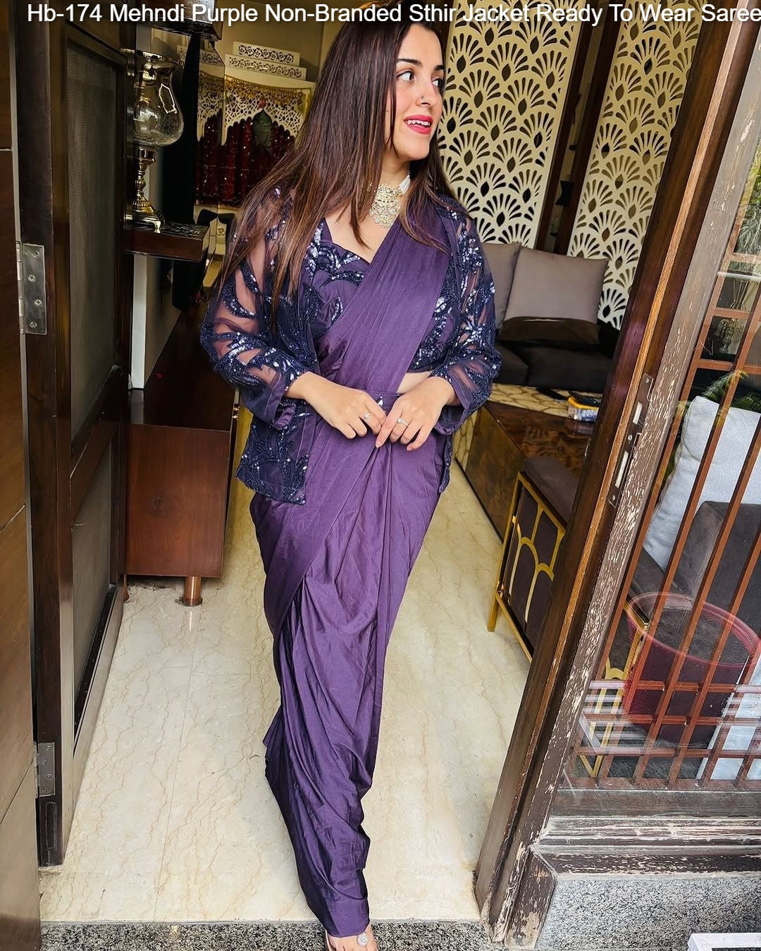 Hb-174 Mehndi Purple Non-Branded Sthir Jacket Ready To Wear Saree