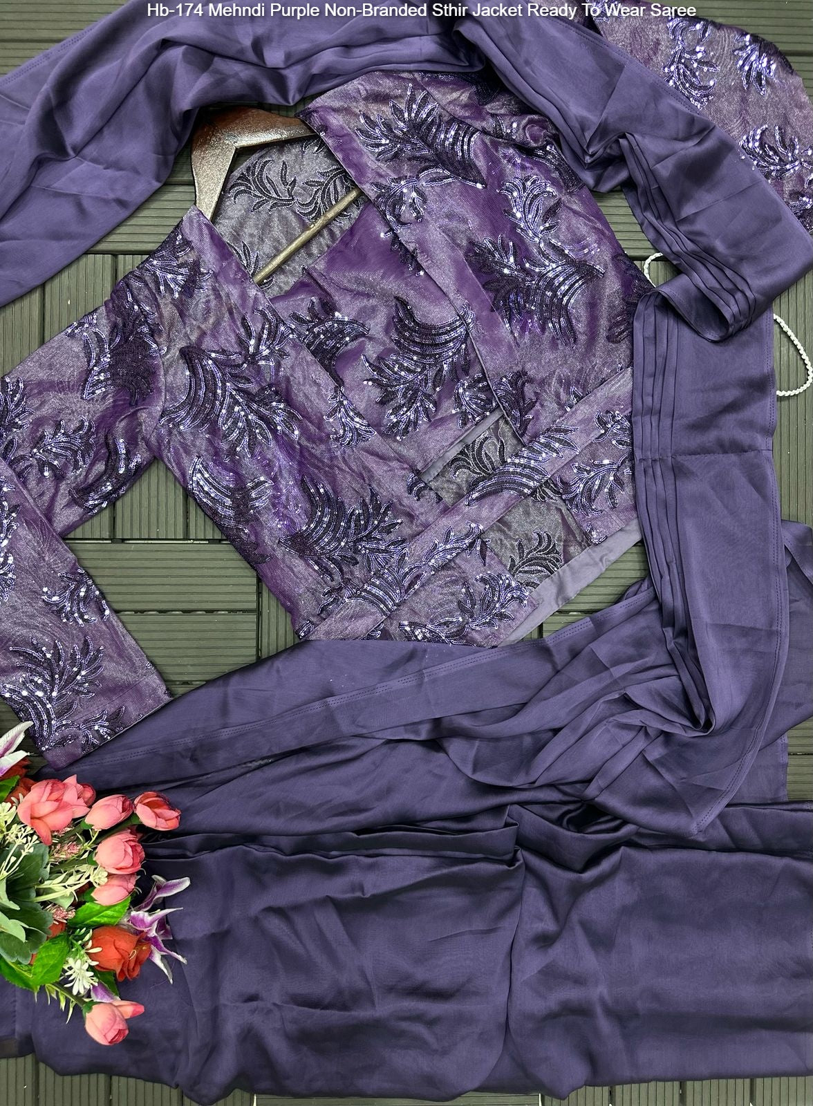 Hb-174 Mehndi Purple Non-Branded Sthir Jacket Ready To Wear Saree