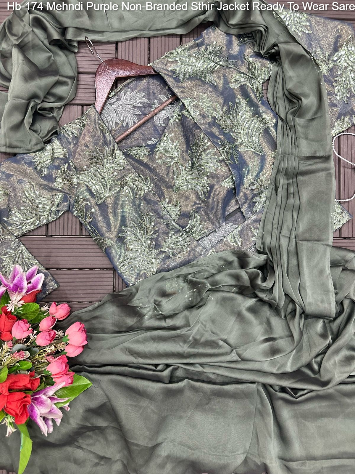 Hb-174 Mehndi Purple Non-Branded Sthir Jacket Ready To Wear Saree