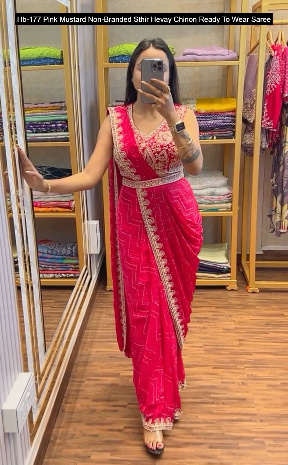 Hb-177 Pink Mustard Non-Branded Sthir Hevay Chinon Ready To Wear Saree