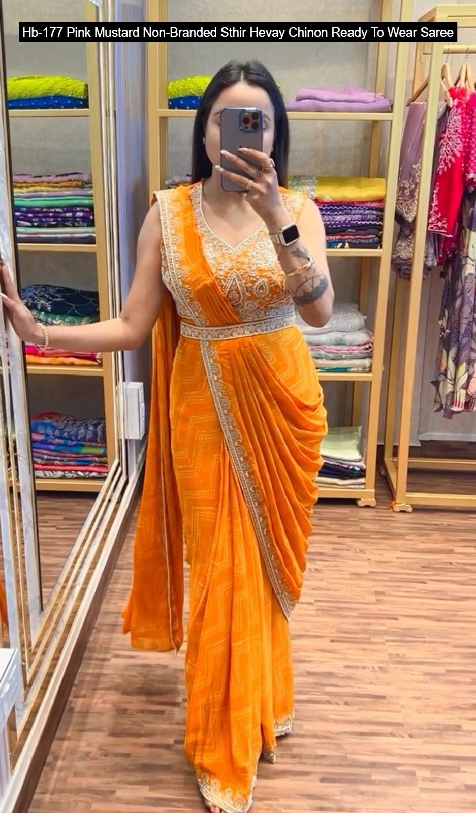 Hb-177 Pink Mustard Non-Branded Sthir Hevay Chinon Ready To Wear Saree