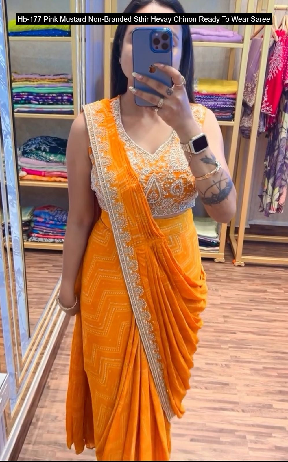 Hb-177 Pink Mustard Non-Branded Sthir Hevay Chinon Ready To Wear Saree