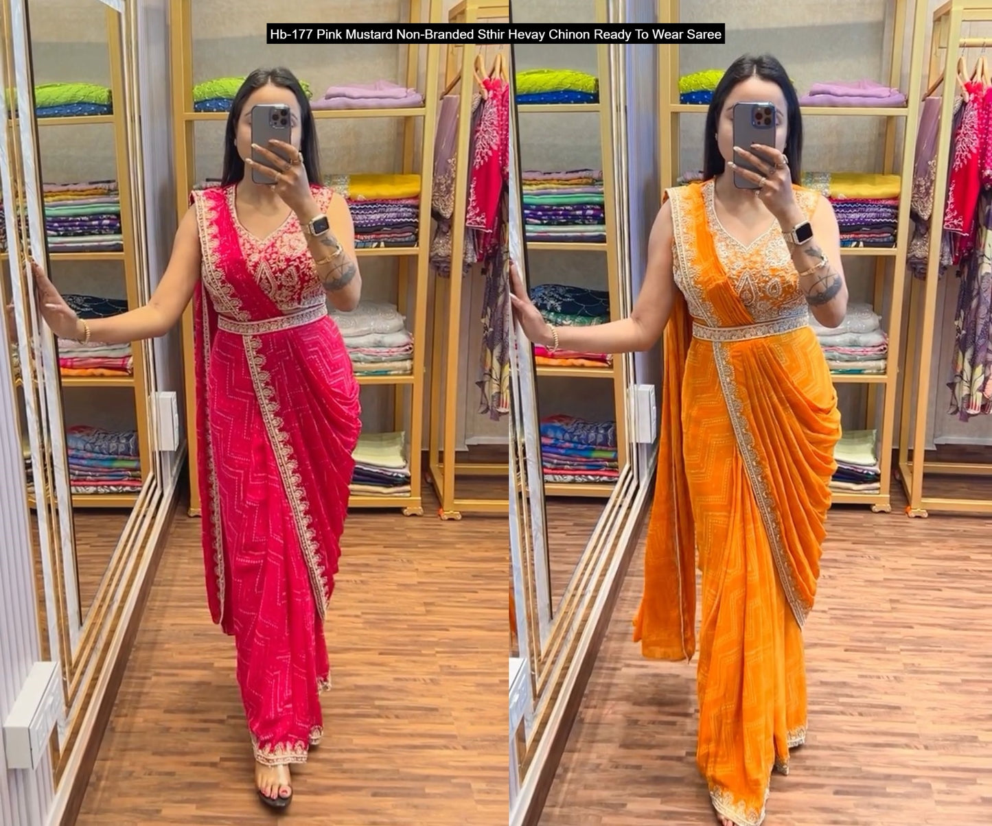 Hb-177 Pink Mustard Non-Branded Sthir Hevay Chinon Ready To Wear Saree