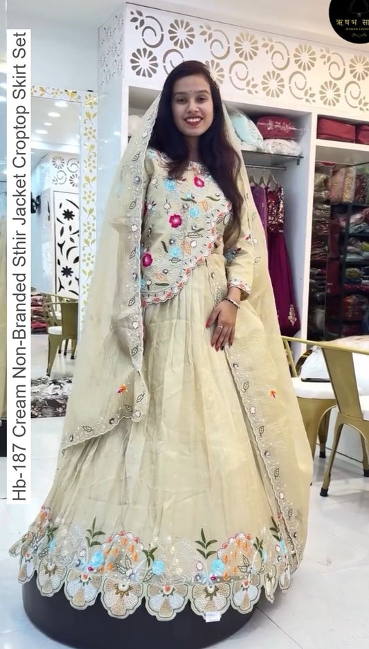 Hb-187 Cream Non-Branded Sthir Jacket Croptop Skirt Set