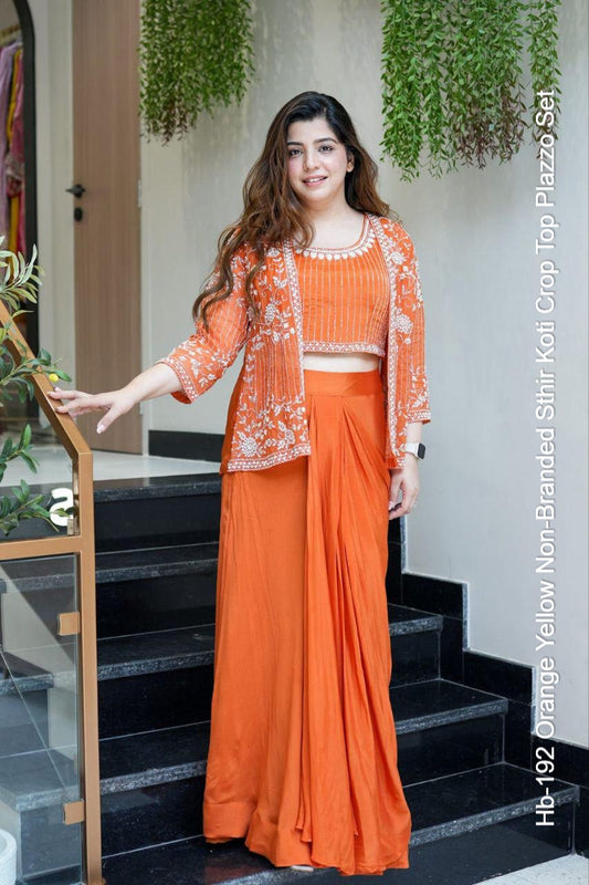 Hb-192 Orange Yellow Non-Branded Sthir Koti Crop Top Plazzo Set