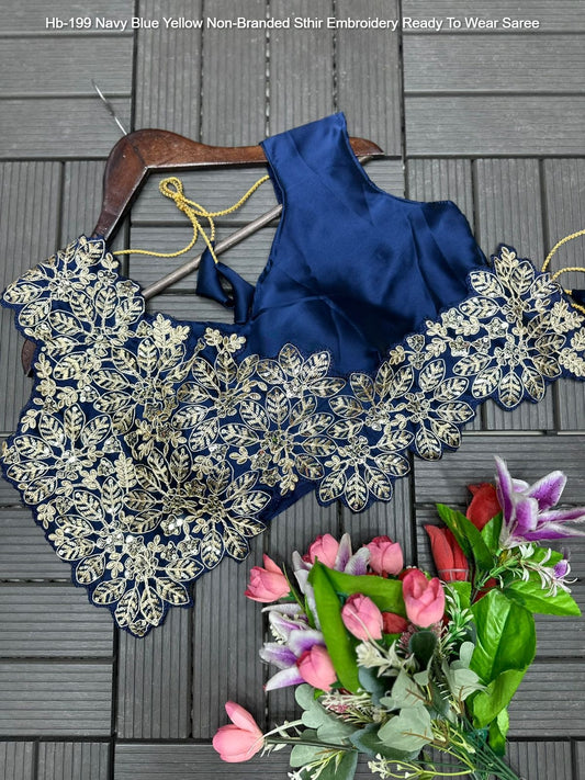 Hb-199 Navy Blue Yellow Non-Branded Sthir Embroidery Ready To Wear Saree