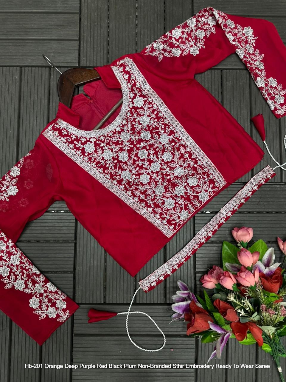 Hb-201 Orange Deep Purple Red Black Plum Non-Branded Sthir Embroidery Ready To Wear Saree