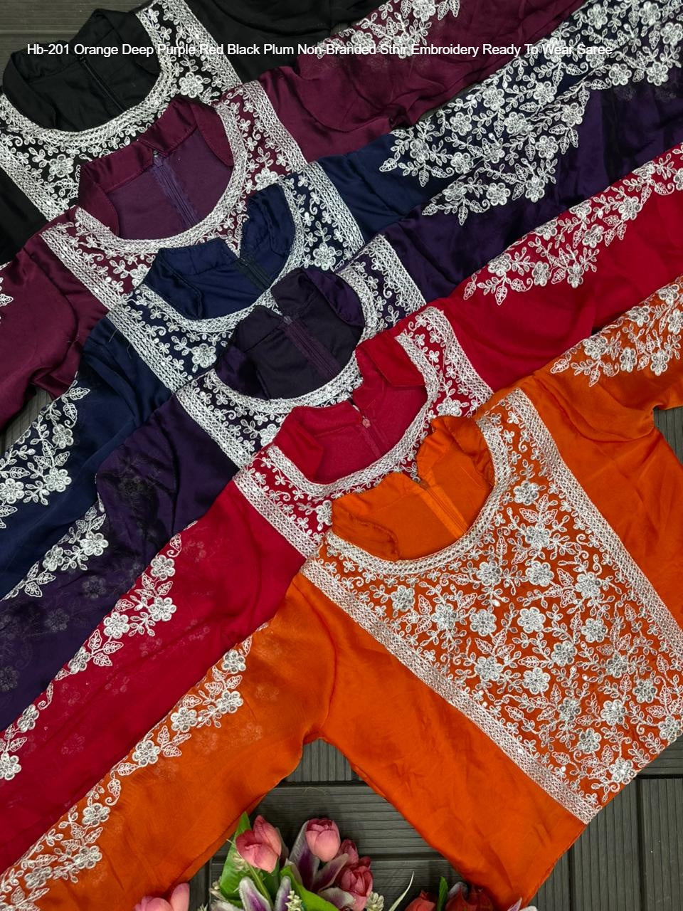 Hb-201 Orange Deep Purple Red Black Plum Non-Branded Sthir Embroidery Ready To Wear Saree