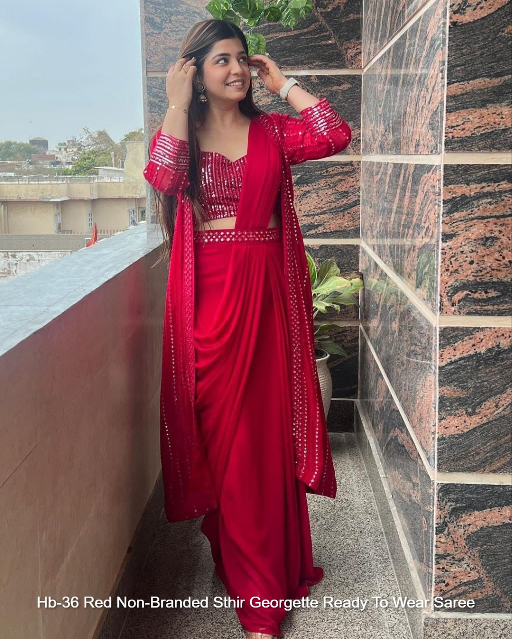 Hb-36 Red Non-Branded Sthir Georgette Ready To Wear Saree