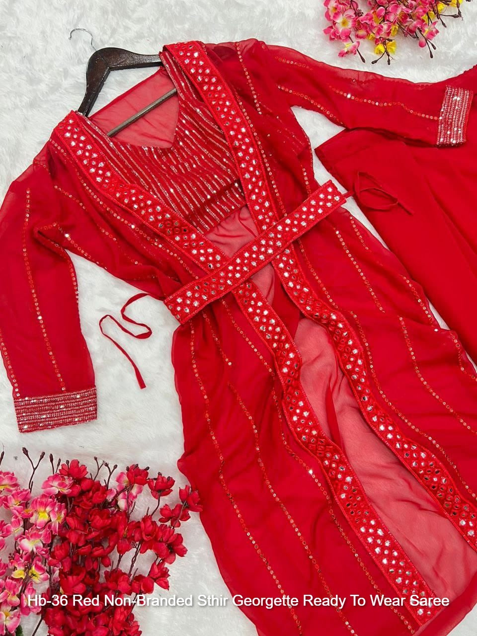 Hb-36 Red Non-Branded Sthir Georgette Ready To Wear Saree