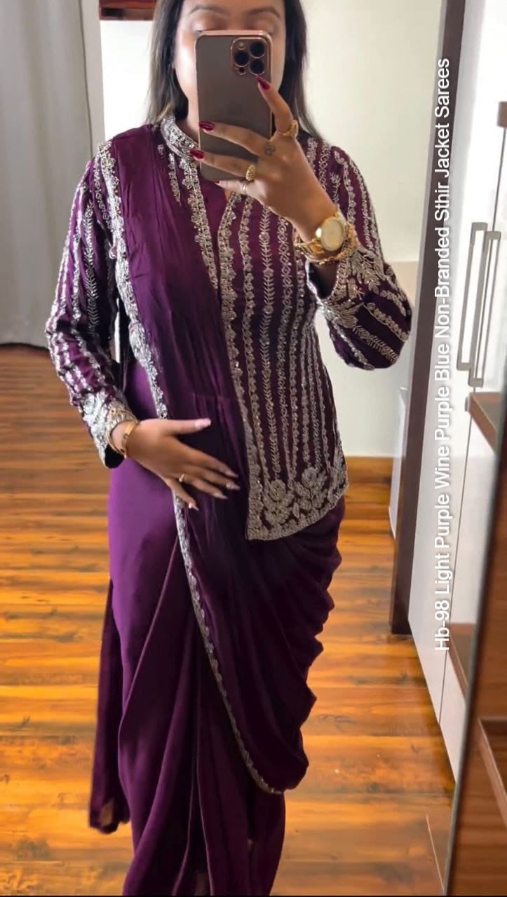 Hb-98 Light Purple Wine Purple Blue Non-Branded Sthir Jacket Sarees