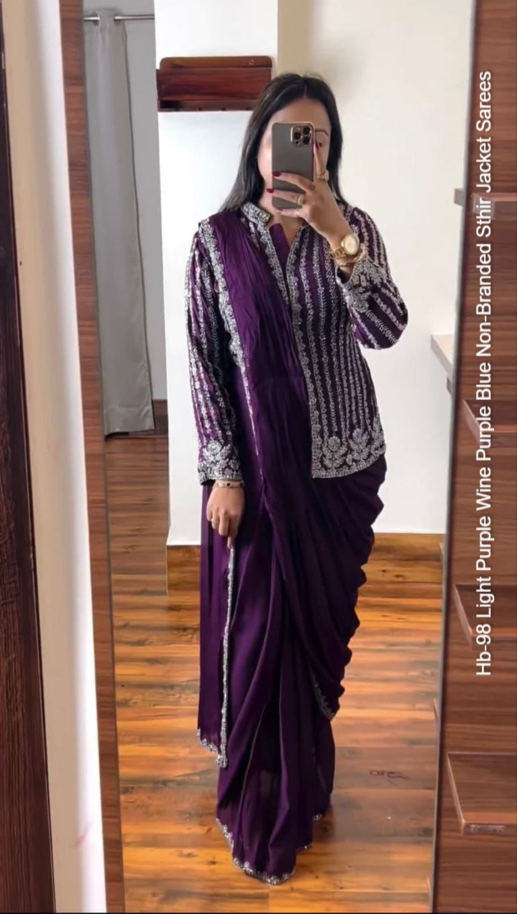 Hb-98 Light Purple Wine Purple Blue Non-Branded Sthir Jacket Sarees