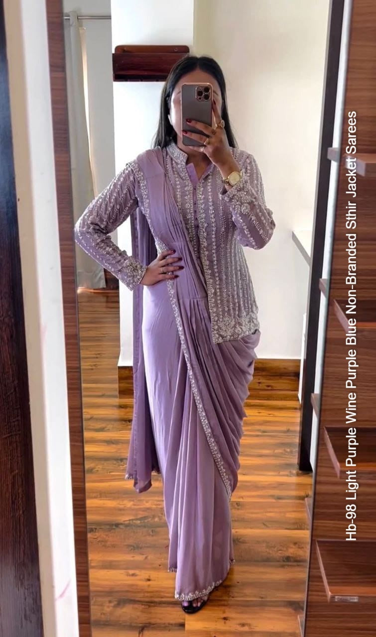 Hb-98 Light Purple Wine Purple Blue Non-Branded Sthir Jacket Sarees