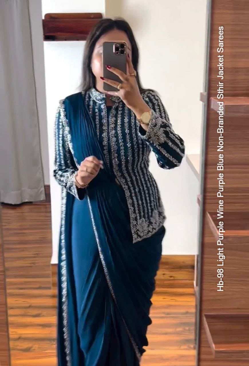 Hb-98 Light Purple Wine Purple Blue Non-Branded Sthir Jacket Sarees