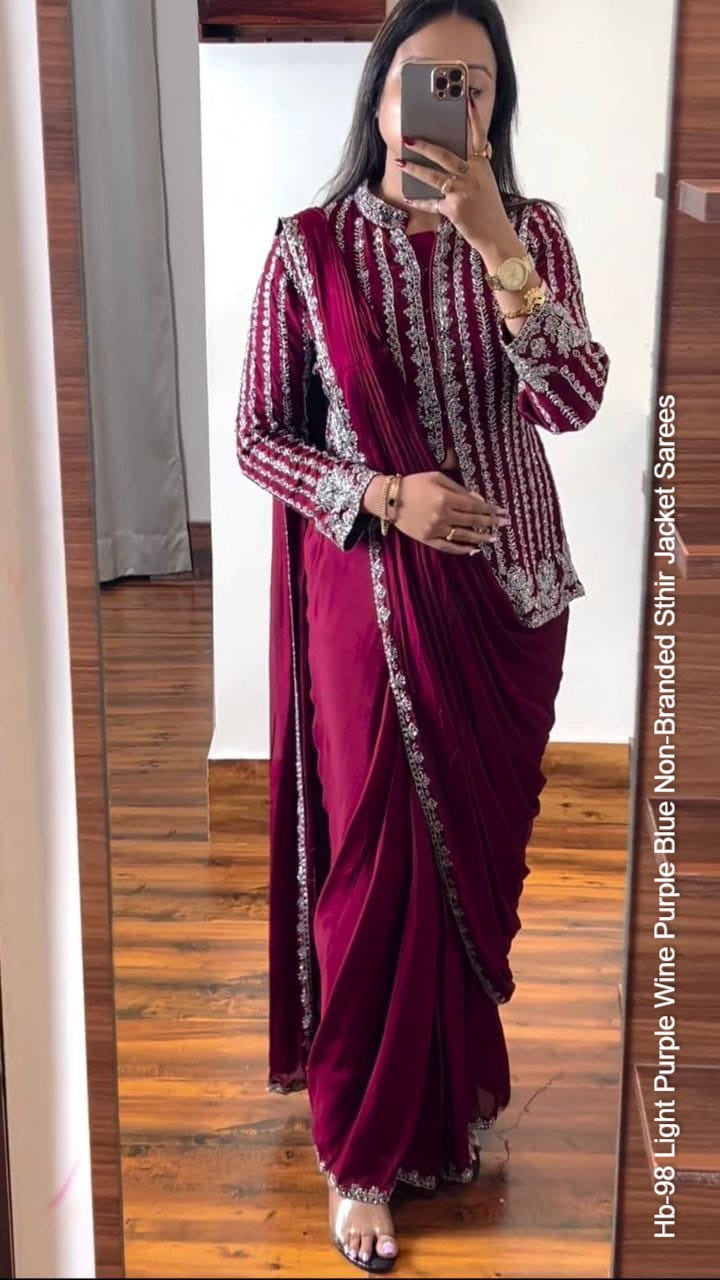 Hb-98 Light Purple Wine Purple Blue Non-Branded Sthir Jacket Sarees
