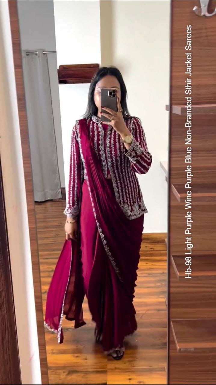 Hb-98 Light Purple Wine Purple Blue Non-Branded Sthir Jacket Sarees