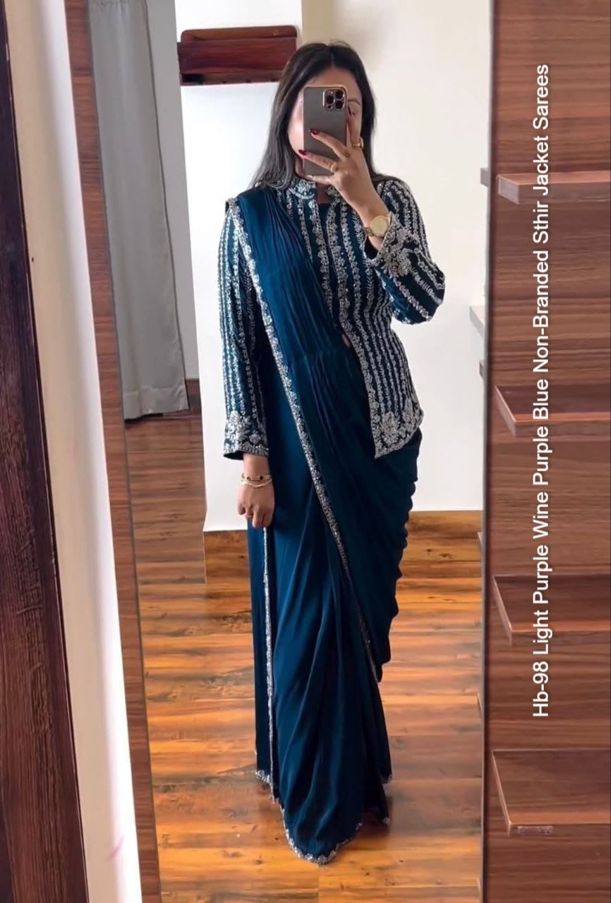 Hb-98 Light Purple Wine Purple Blue Non-Branded Sthir Jacket Sarees