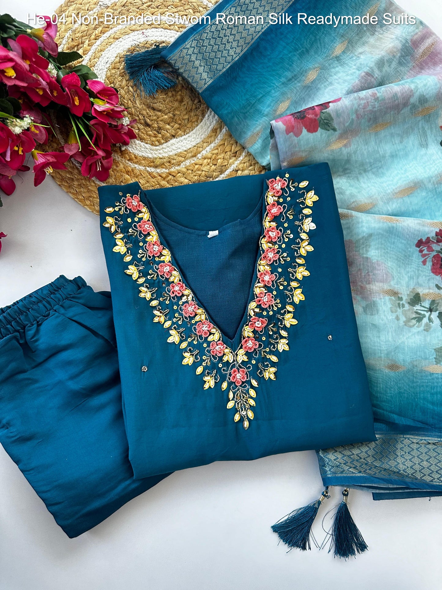 He-04 Non-Branded Stwom Roman Silk Readymade Suits