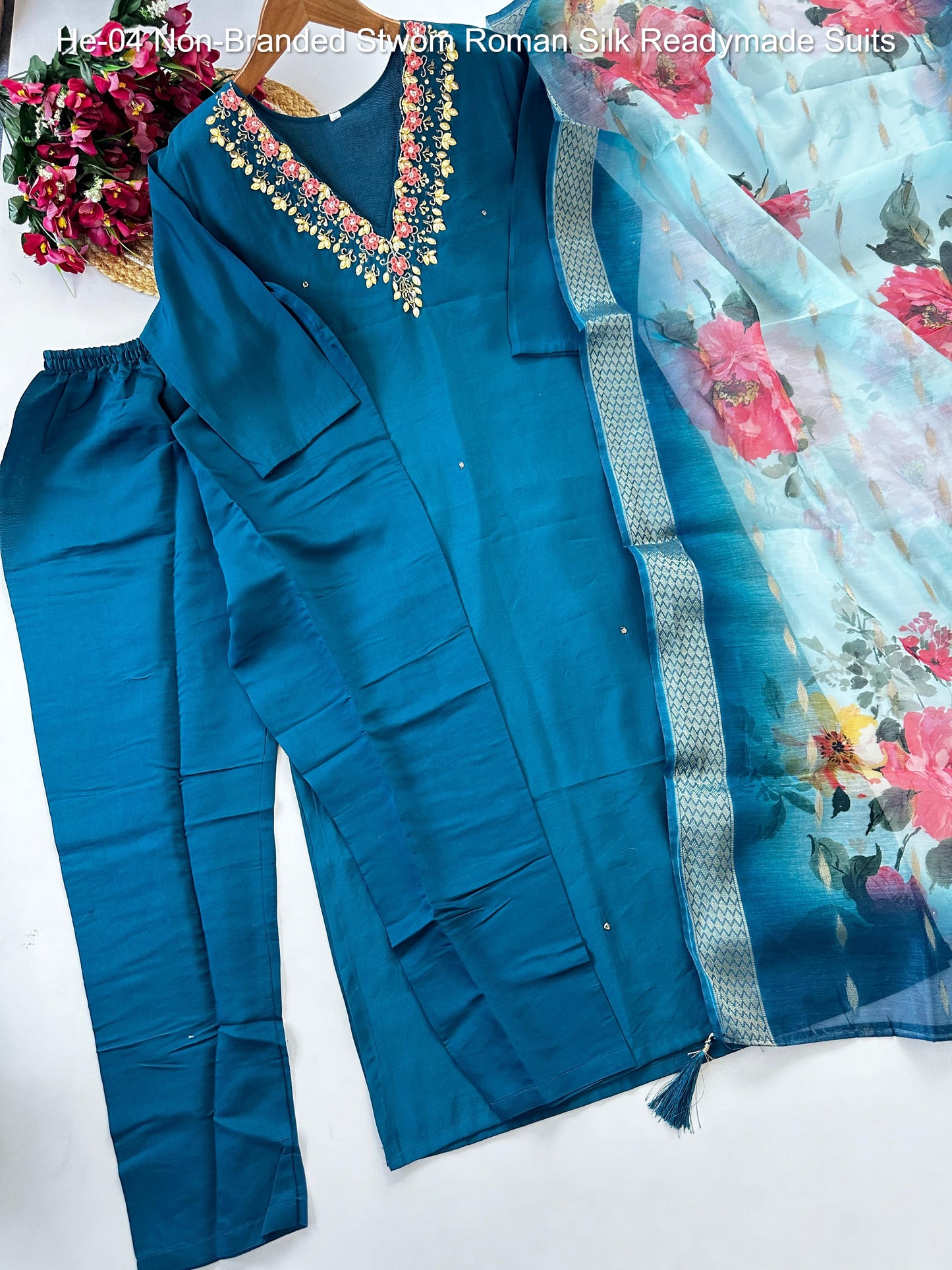 He-04 Non-Branded Stwom Roman Silk Readymade Suits