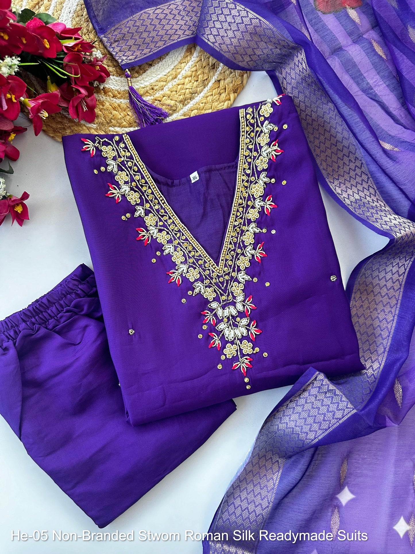 He-05 Non-Branded Stwom Roman Silk Readymade Suits