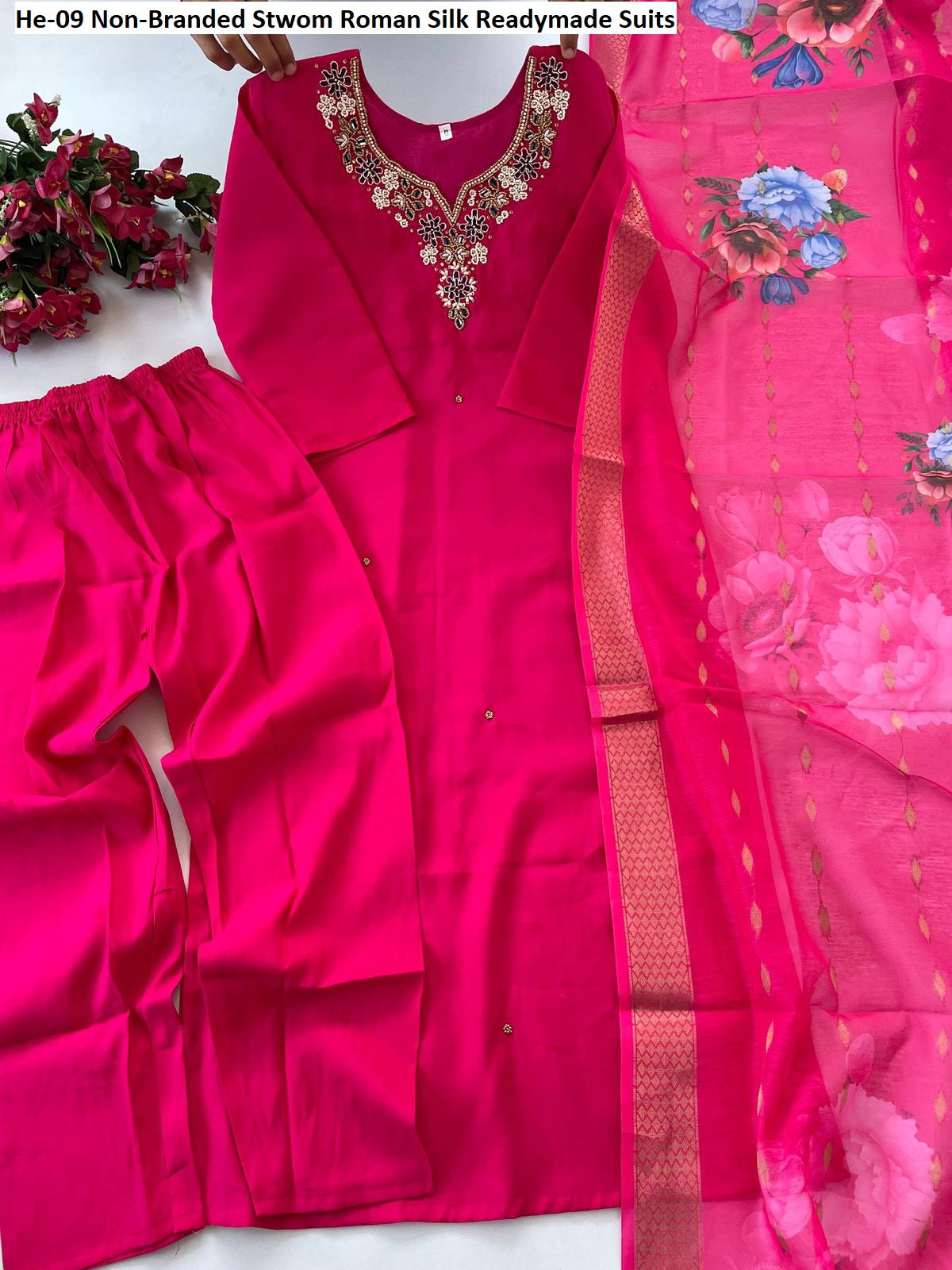 He-09 Non-Branded Stwom Roman Silk Readymade Suits