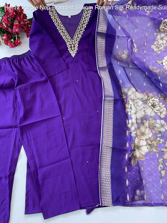 He-12 Purple Non-Branded Stwom Roman Silk Readymade Suits