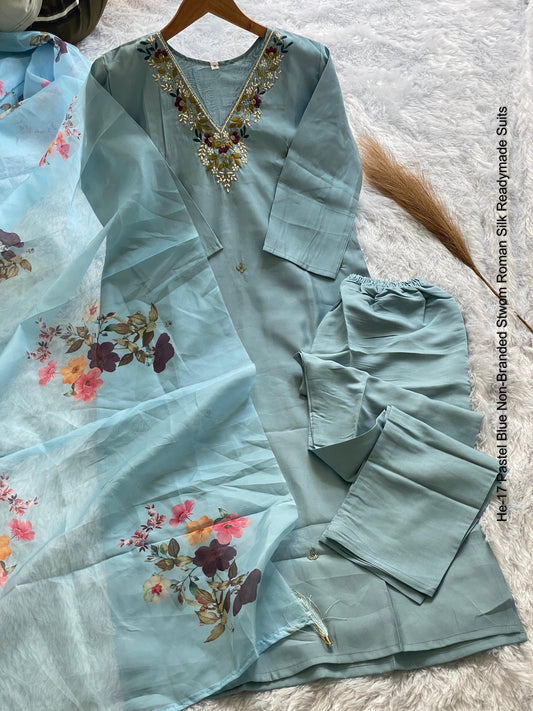 He-17 Pastel Blue Non-Branded Stwom Roman Silk Readymade Suits