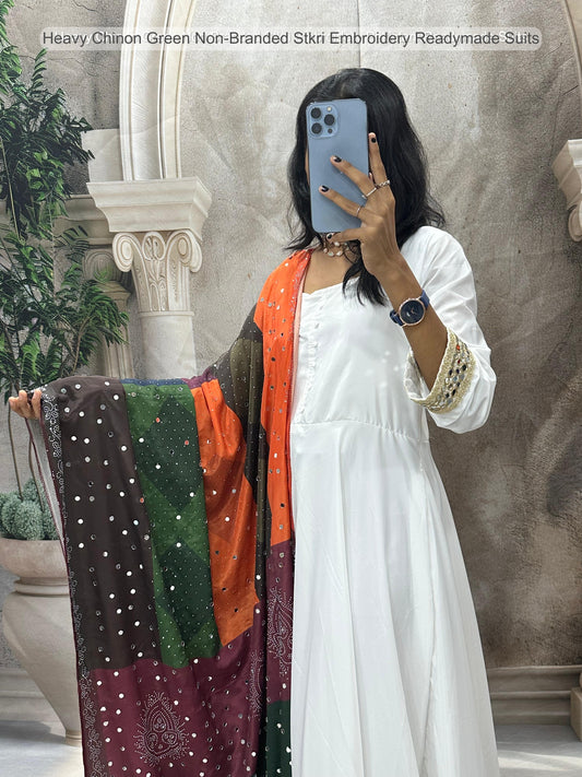 Heavy Chinon Green Non-Branded Stkri Embroidery Readymade Suits