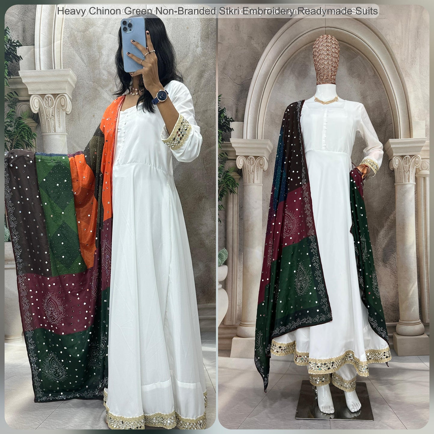 Heavy Chinon Green Non-Branded Stkri Embroidery Readymade Suits