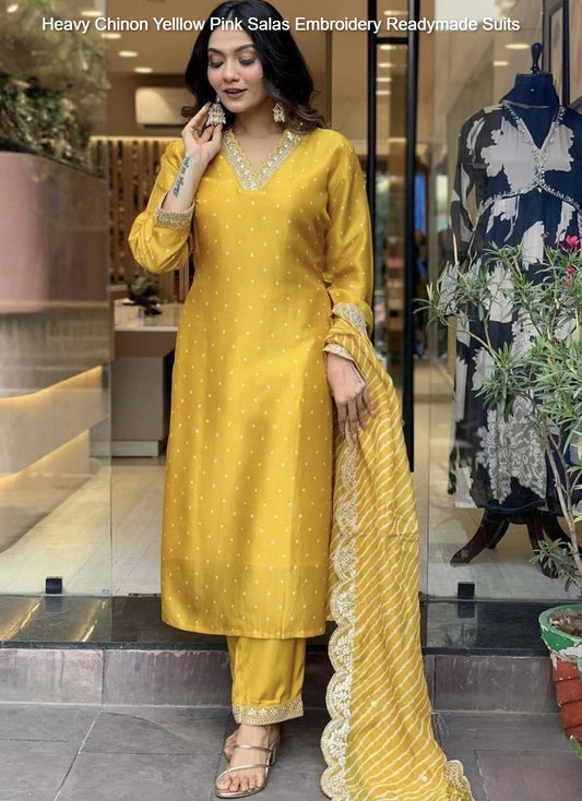 Heavy Chinon Yelllow Pink Salas Embroidery Readymade Suits